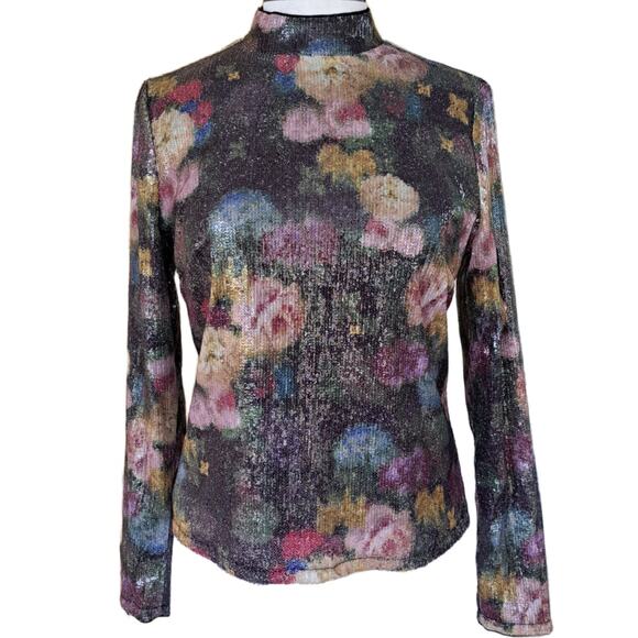 NICOLE MILLER Floral Sequin Mock Neck Long Sleeve Shimmer Top - Picture 1 of 7